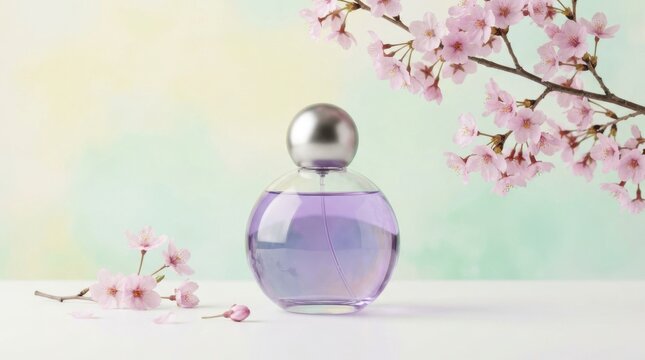 Perfume bottle photo with cherry blossoms, elegant glass fragrance container with purple scent liquid, spring floral cosmetics and beauty concept on white surface