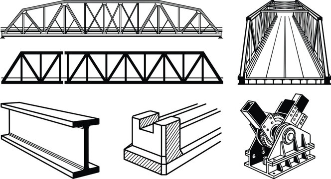 Industrial bridge structure vector set featuring steel truss girders beam framework and engineering construction elements isolated