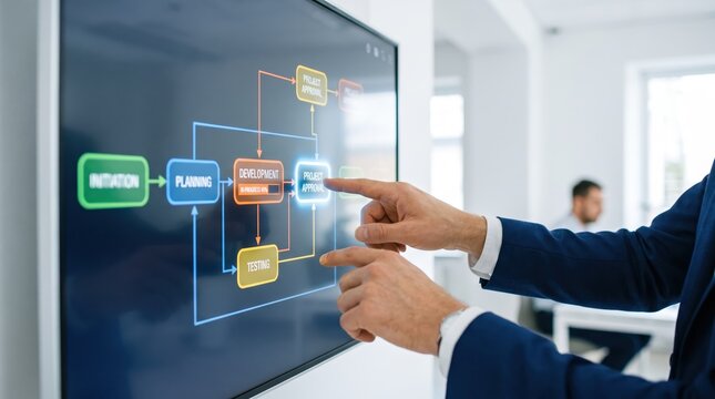 Business professional manager pointing at interactive touchscreen displaying project management workflow chart with initiation, planning, development and testing stages in modern