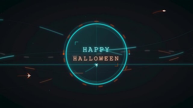 Happy Halloween greeting animation featuring circular luminous data hub with orbital flight paths for festive spooky holiday event marketing displays in dark motion graphics environment design