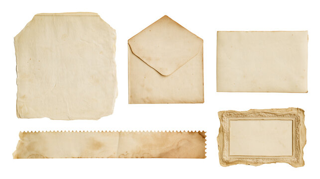 Old vintage paper scraps and envelope isolated on transparent background
