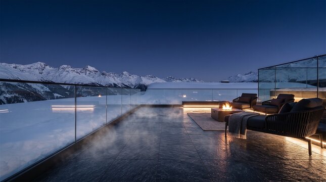 Luxurious winter rooftop terrace with mountain views at night
