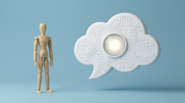 Artificial intelligence 3D render concept with wooden mannequin and glowing circuit board thought bubble on blue background