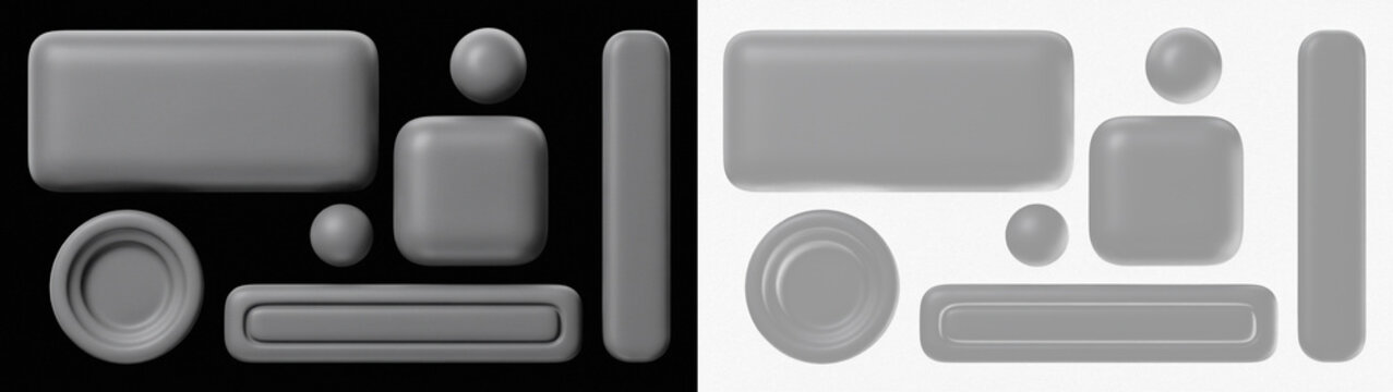 3d render of various grey rounded shapes, including rectangles, spheres, and a circular button, arranged in a composition on black and transparent backgrounds