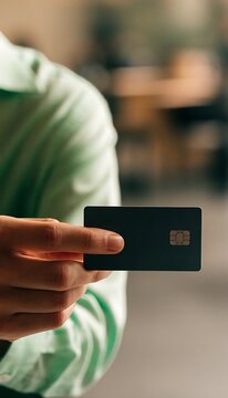 Person holding credit card performing online payment in modern environment with copy space
