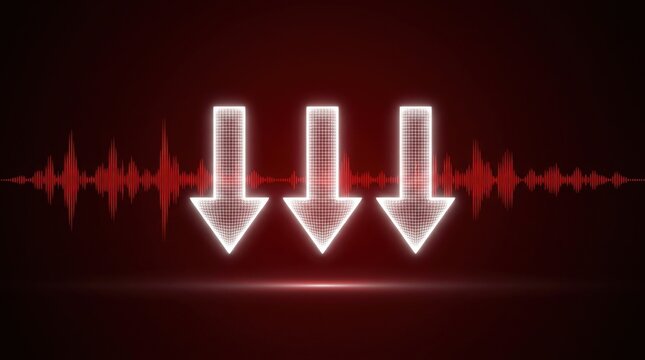 Arrows down 3D illustration sound wave red background concept graphic design background
