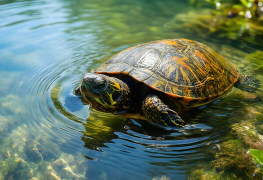Biodiversity and wildlife conservation, painted turtle swimming in a clear pond with ripples in a natural wetland habitat during a sunny summer day