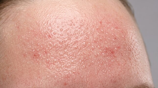 Close up of human forehead displaying clear vesicles and tiny bumps indicating miliaria crystallina or sweat rash