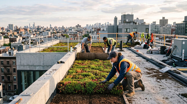 Urban rooftop garden installation with workers laying sod and plants against a city skyline