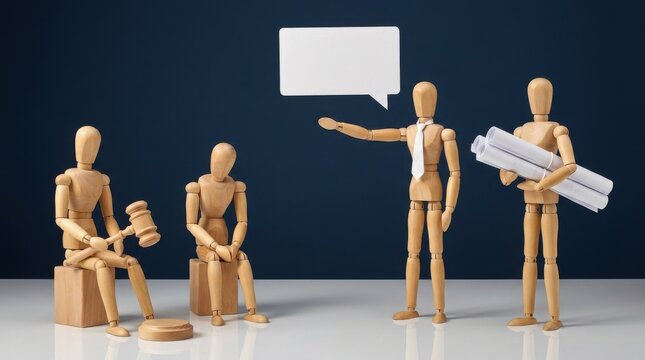 Wooden mannequins 3d illustration depicting courtroom trial and business negotiation with speech bubble and architectural blueprints