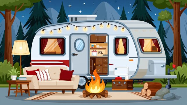 Cozy campsite scene features a recreational vehicle with warm lighting and a crackling campfire.