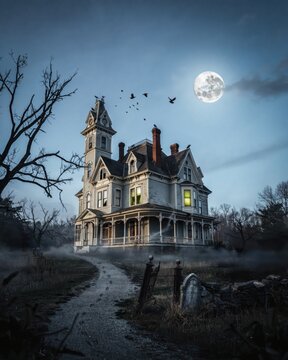 Haunted Victorian mansion under a full moon with fog and eerie lighting