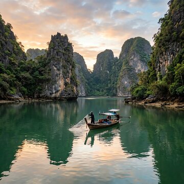 Fisherman casting a net from a traditional long-tail boat in a limestone karst bay at sunrise, calm water, scenic landscape photography, serene atmosphere.
