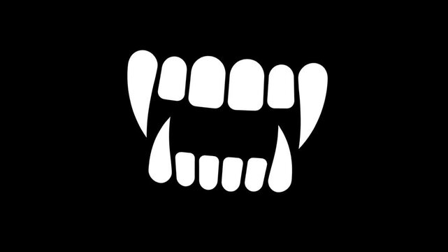 White vampire fangs silhouette isolated on black background for Halloween horror graphic