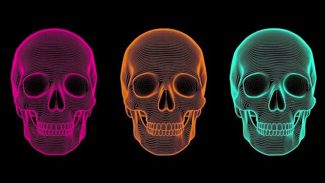 Three neon wireframe skulls on black background, glowing Halloween abstract pattern