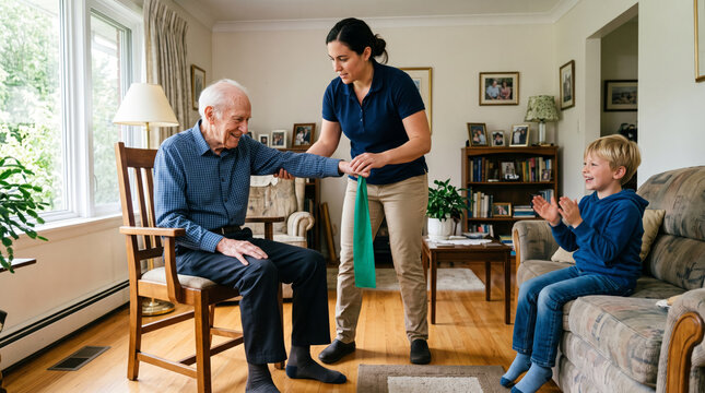 Physical therapist assists elderly man with arm exercise while young boy watches and claps enthusiastically in a home setting
