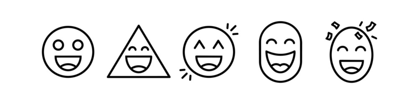 Set of laughing emoji faces in geometric shapes. Line art icons representing joy, happiness, humor, celebration, and positive emotions isolated on white.