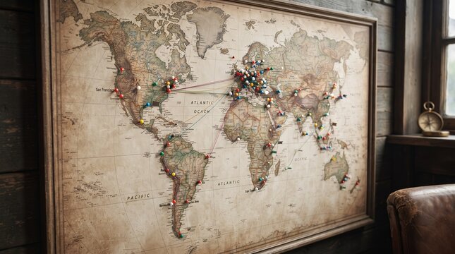 Travel Plans on World Map: A vintage world map pinned with colorful markers and connected by string depicts global travel routes, inspiring wanderlust and adventure.