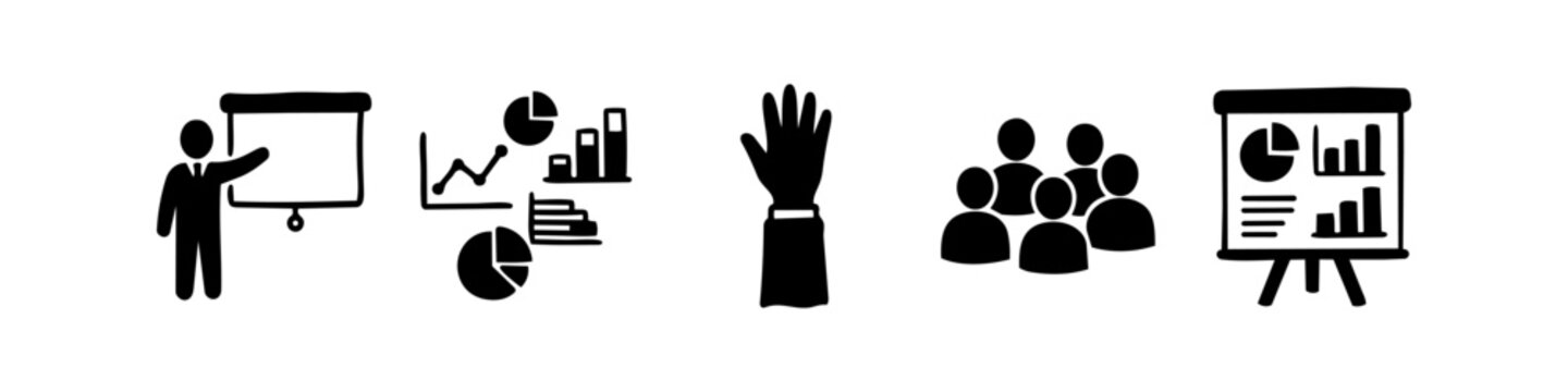 Set of business presentation and meeting black icons featuring speaker, audience, raised hand, charts, and flipboard isolated on white.