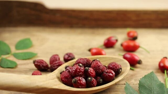 Dried Rosa canina, the dog rose or rose hip berries on wood spoon, decorated with fresh berries and green rose hip leaves, studio composition.