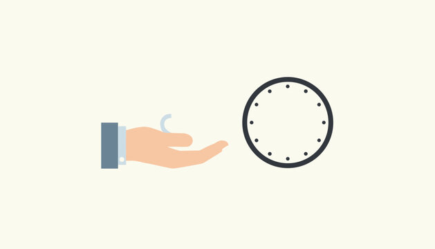 A businessman hand receiving a half-circle piece with a clock face concept showing time management and efficiency in corporate business operations.
