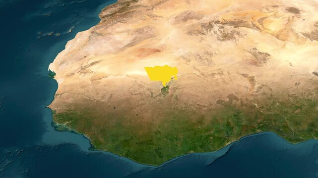 Satellite map animation of Mali with zoom in and zoom out, moving clouds, growing ink-shape waving flag of the country, gradient outline indicating the border. Concept for broadcast, social media.