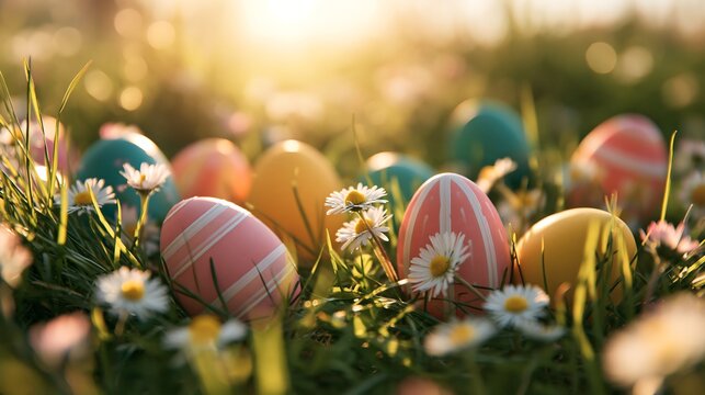 A group of colorful, patterned easter eggs placed in a grassy meadow with small white daisies during a warm and glowing golden hour sunset