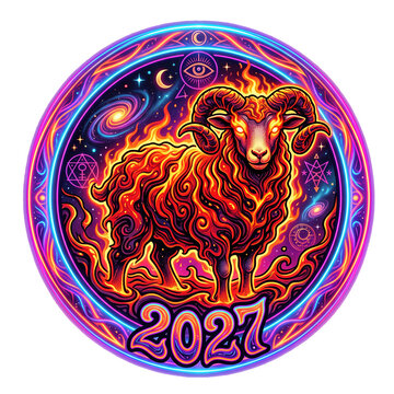 Aries zodiac ram symbol with fiery fur inside a neon circle with 2027 lettering. Cosmic background with stars and mystical elements.