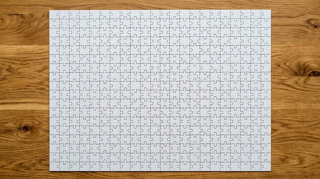 Completed Blank White Jigsaw Puzzle on a Wooden Table, Top-down View. A Metaphor for Problem Solving and Starting Fresh.