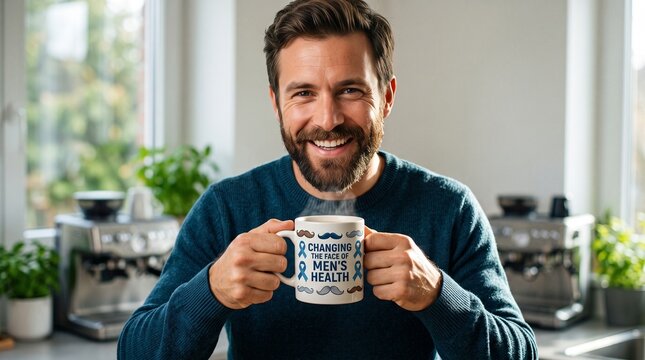 Movember themed coffee mug, Young man smiling and holding a coffee mug in a modern kitchen  