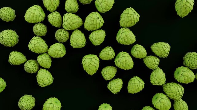 Falling Green Hop Cones on Black Background in Slow Motion