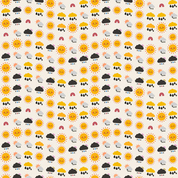 Cute weather pattern with suns, clouds, and rain