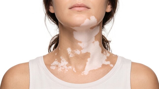 Close-up of a female patient neck and chest showing large depigmented patches of vitiligo