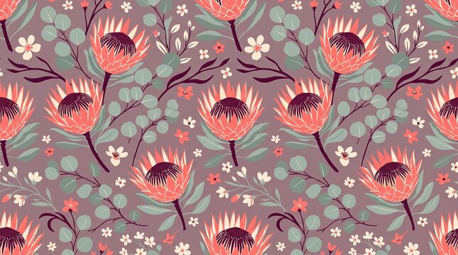 A seamless floral design featuring delicate protea flowers in soft pastel shades and tones