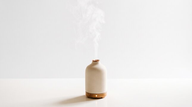 Aromatherapy diffuser releasing mist on white background