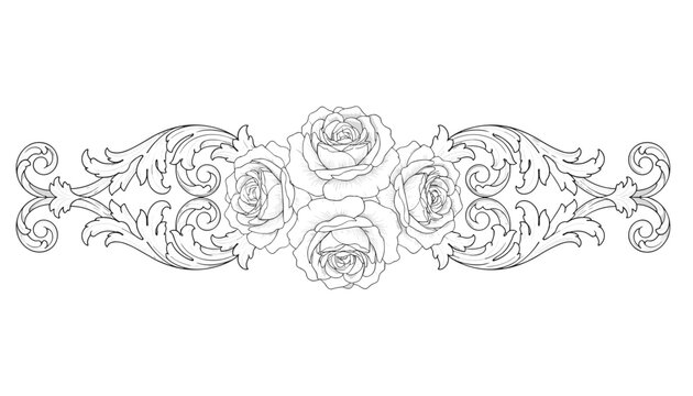 Horizontal baroque scroll border featuring large open rose blossoms in hand drawn black and white line art.
