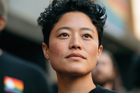 LGBTQ+ activist with pride pin looking upward outdoors
