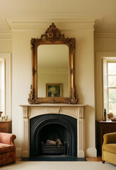 Obraz premium Interior design and luxury home decor, ornate gold mirror above a classic fireplace in a traditional living room with elegant furniture and lighting
