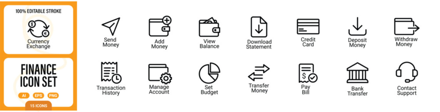 Finance and Banking Icon Set, Money Transfer, Currency Exchange, Credit Card, Wallet and Online Payment Line Vector Icons