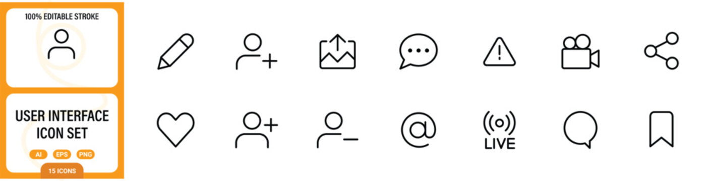 User Interface Icon Set, Edit, Add User, Upload, Chat, Warning, Video, Share, Heart, Email and Bookmark Line Vector Icons