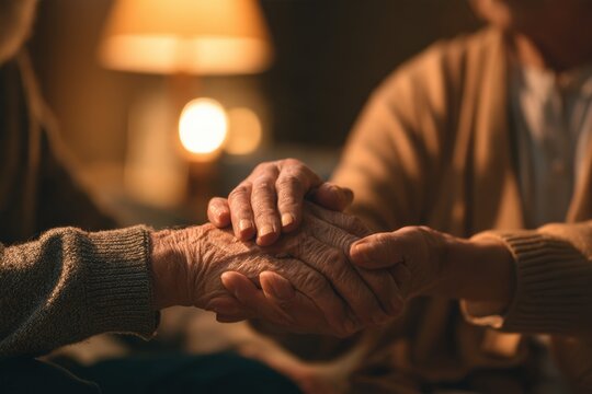 Hands of elder LGBTQ+ couple holding each other indoors