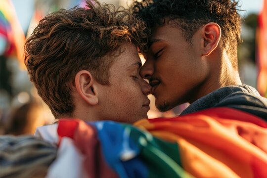 Close embrace of LGBTQ+ couple wrapped in pride flag outdoors