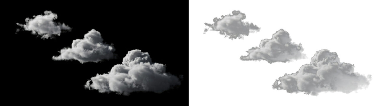 Set of three fluffy cumulus clouds isolated on transparent background, realistic 3d render of white cloud formations for sky compositing and weather design elements