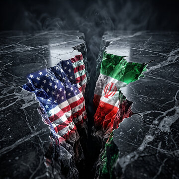 usa and iran split on marble slab symbolizes geopolitical conflict diplomatic contradiction and international relation of two countries on dark background with crack