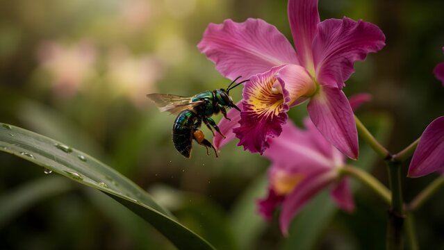 A brilliant metallic green Orchid Bee collecting nectar from vibrant tropical orchids, shimmering iridescent body