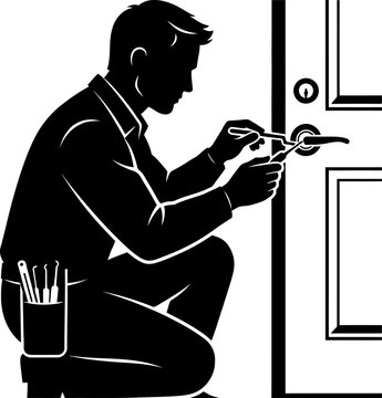 Locksmith silhouette illustration, professional man unlocking and fixing door lock using specialized lockpick tools for security service.   