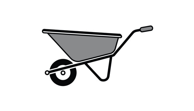Grey construction wheelbarrow with a black wheel and sturdy steel handles illustrated in a clean vector icon style.