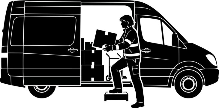 Delivery driver silhouette illustration, female courier loading cardboard boxes and packages into cargo van for shipping service.   