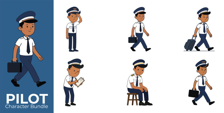 Set of cartoon airline pilot character poses for animation and graphic design projects