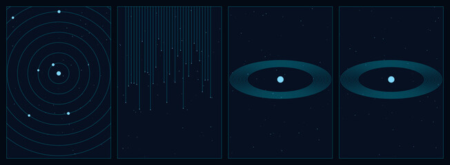 Abstract dark blue technology background with radar screen, sound waves, and planetary rings, modern digital vector illustration for science and data © Gypsy Grapher